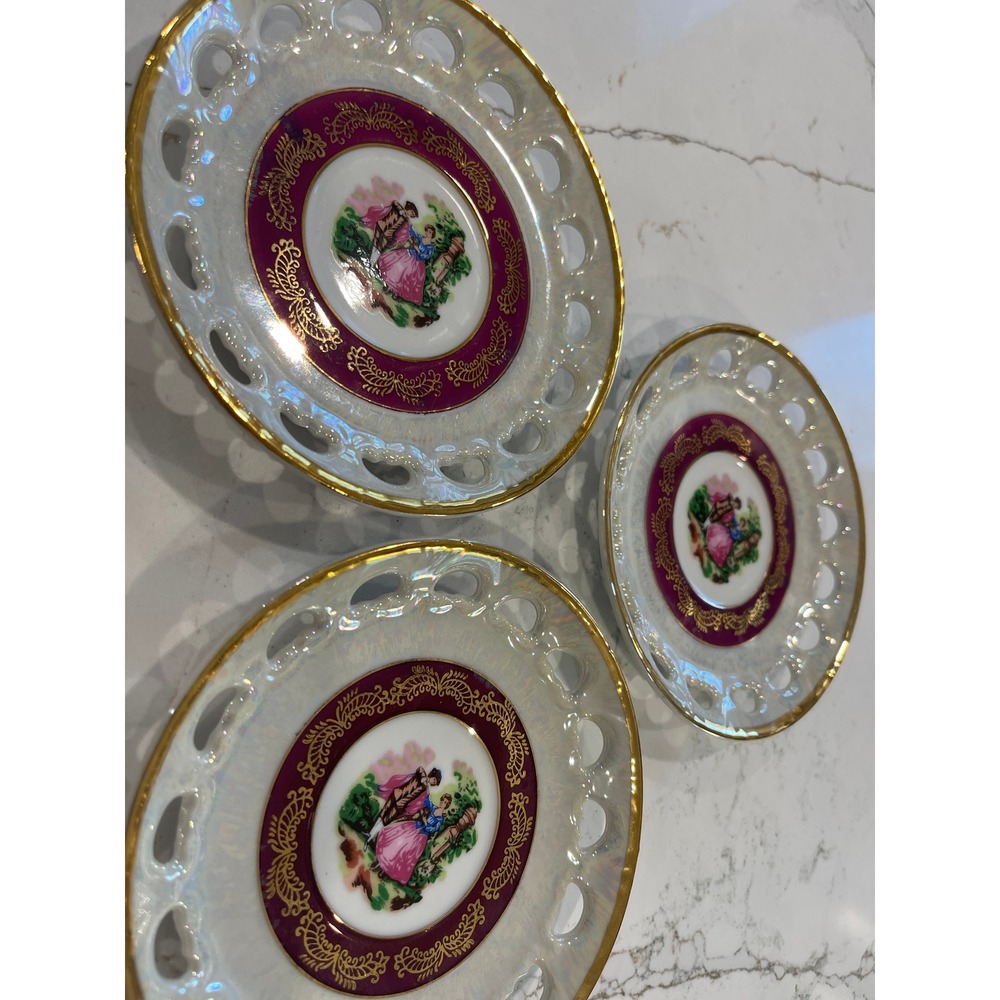 Empress by YMM Ornate Lusterware Saucers Reticulated Courting Couple Set of 3